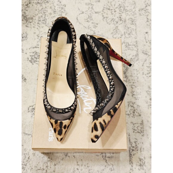 Christian Louboutin Galativi Spikes 85 Black Leopard Mesh Pointed Heel Pump 38.5